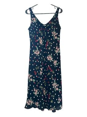 Vintage 90’s Ronni Nicole Black Floral & Cherry Polka Dot Midi Slip Dress 8
